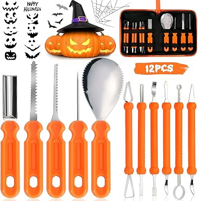 ZQEJEFD Pumpkin Carving Set för Halloween, 11 delar pumpa skulpteringssats i rostfritt stål gör-det-själv med förvaringsväska och 10 st skulpteringsstenciler för barn och familj