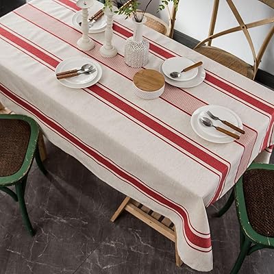 Vintage fransk röd randig bordsduk, bomull linne bordsduk tvättbar återanvändbar bordsskydd för kök middag bondgård bordsdekoration (150 x 220)