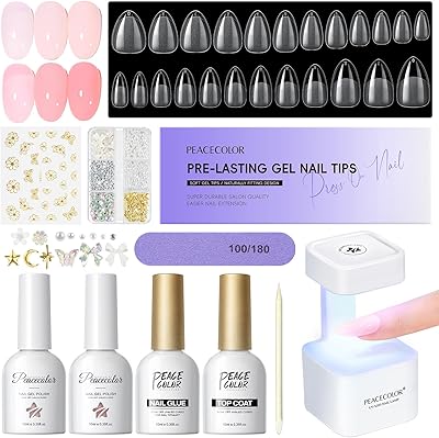PEACECOLOR 240 stycken konstgjorda naglar med lampa, 24 storlekar nageltips för nagelrekonstruktion med nagellim, nude rosa nagellack topplack, förlängning – mandelformade